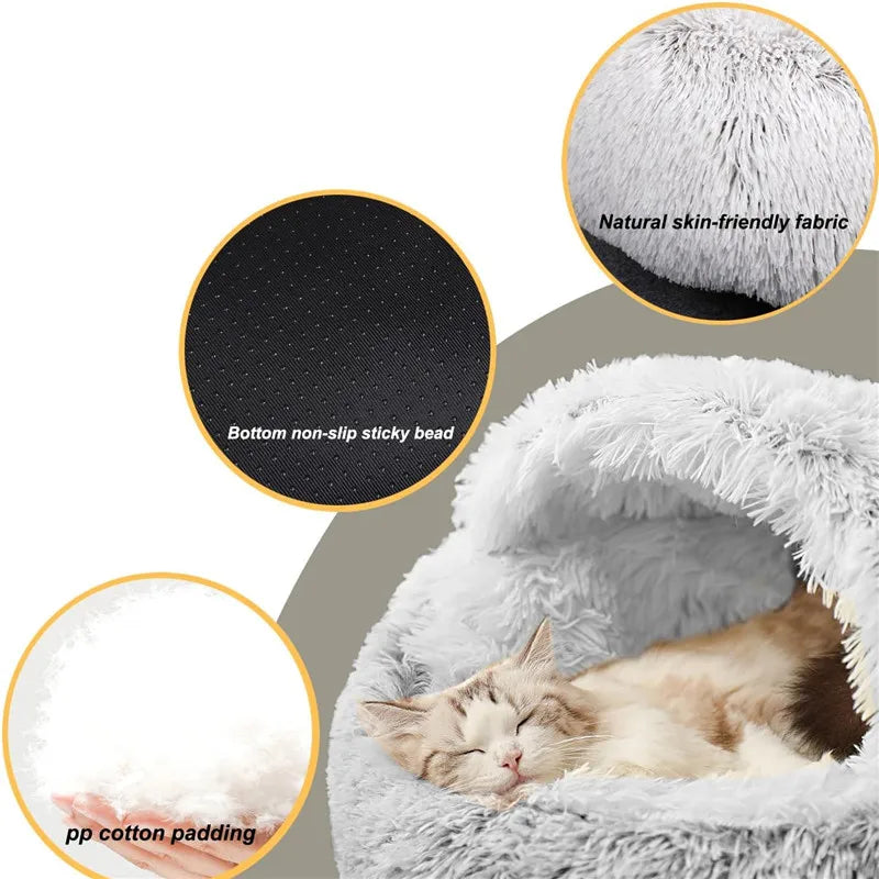 2 in 1 Warm Anti Anxiety Calming Plush Cat Cave Bed