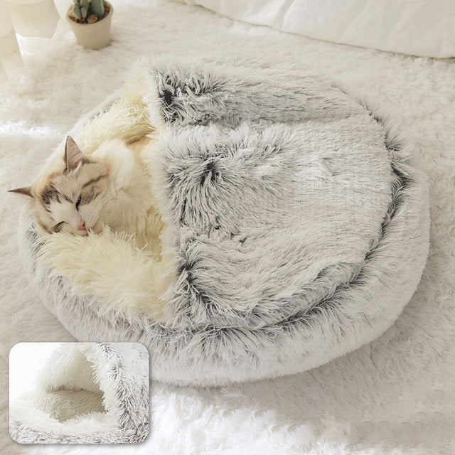 2 in 1 Warm Anti Anxiety Calming Plush Cat Cave Bed