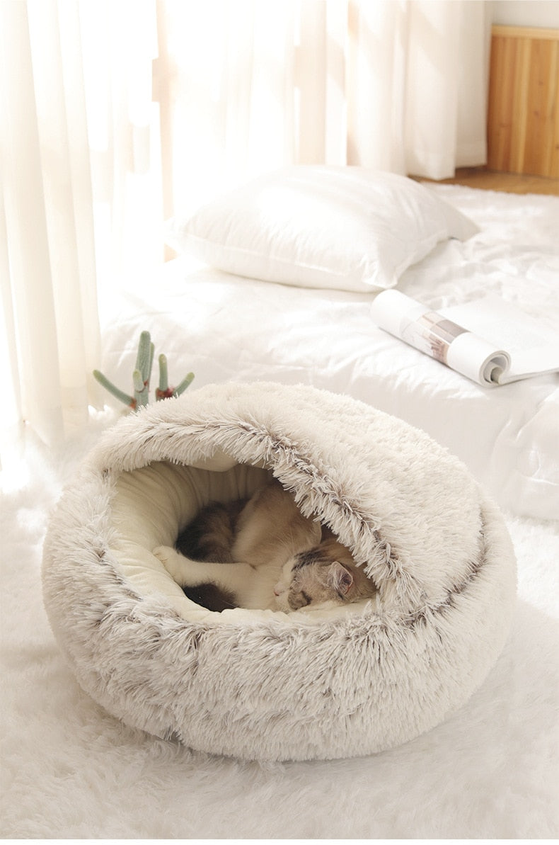 2 in 1 Warm Anti Anxiety Calming Plush Cat Cave Bed